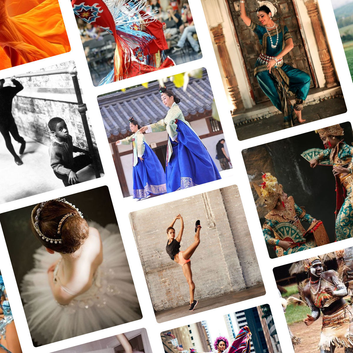 A moodboard featuring images of dance from around the world including fancy shawl dance, korean traditional dance, Indian dance, ballet, Thai dance, Kikuyu dance from Kenya, Mexican ballet folklórico, and two young boys at a ballet bar.