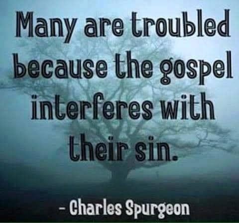May be an image of text that says 'Many are troubled because the gospel interferes with -Charles Spurgeon'
