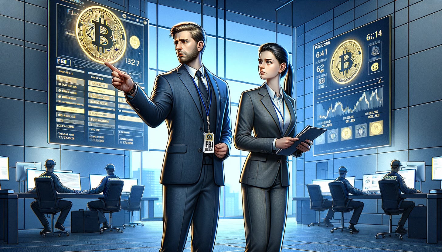 A realistic illustration in a 16:9 format depicting two FBI agents, one male and one female, in a modern office setting, warning about the risks of unregulated Bitcoin transactions. The male agent is pointing at a digital screen displaying Bitcoin transactions, while the female agent is holding documents. Both agents are dressed in professional attire. The scene should convey a sense of urgency and professionalism, using a color palette of blues and grays to reflect the serious tone of law enforcement.