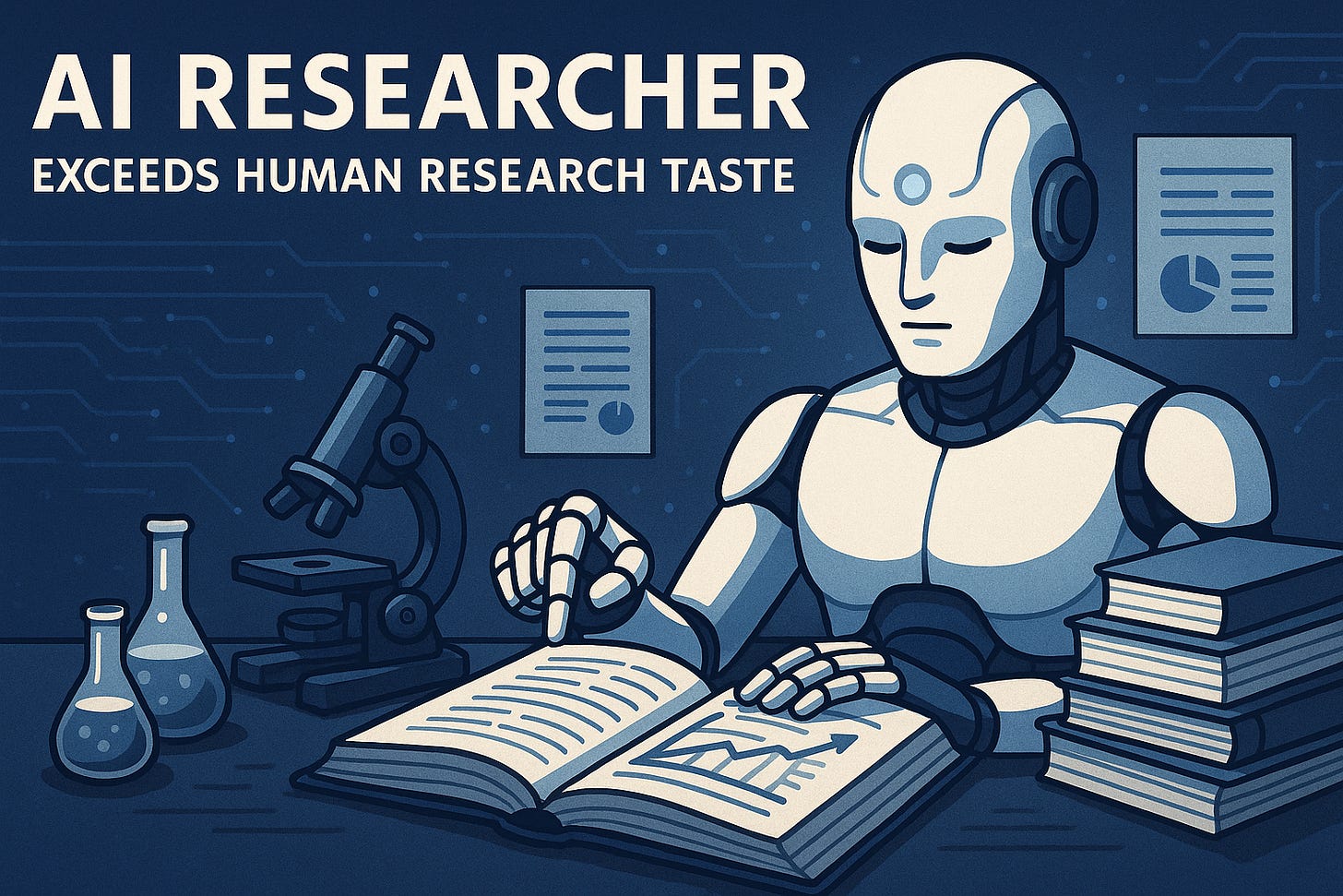 A robot representing an AI Researcher studies charts, with books, a microscope, and test tubes nearby