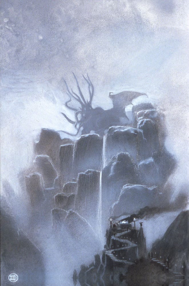 Preliminary concept for THE YEAR'S BEST HORROR STORIES featuring a winding path over mountains to an altar. A pair of flames light the top and a dark plume of smoke drifts right. Waterfalls spill down the distant mountains. Atop rises Cthuhlu, a massive demon with tentacles shooting from its head and bat wings spread wide.