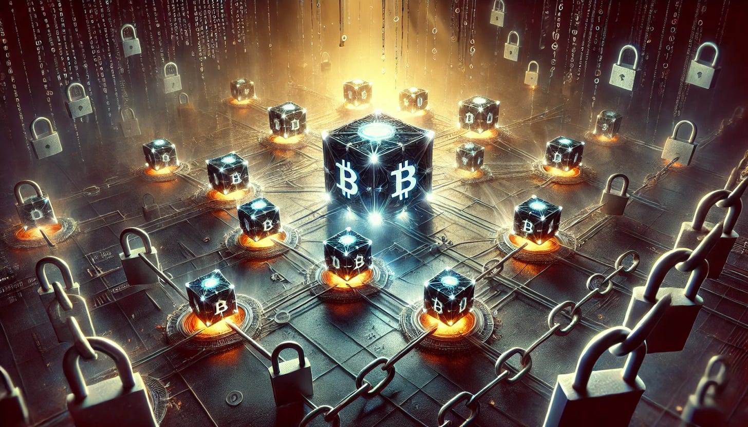 A symbolic representation of the current state of decentralization in the crypto world. The image features a blockchain network, but with some nodes larger and glowing, representing centralized control. In contrast, smaller, dimmer nodes are scattered around, symbolizing the weaker, less decentralized elements. The background includes digital chains with locks, highlighting the struggle between centralization and decentralization. The overall color scheme is dark and moody, with hints of light breaking through, indicating the ongoing battle and the potential for change. The atmosphere is intense, reflecting the tension in the crypto space.