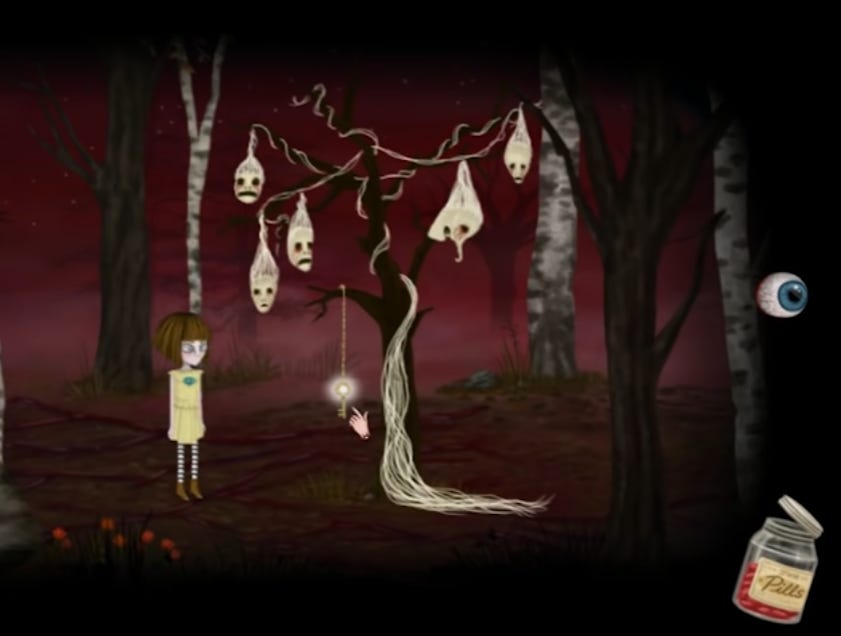 A screenshot of the same scene but the Duotine version. The tree which was barren is now filled with shrunken-head type creatures, whose long hair has all become tangled in its branches. A glowing key dangles from one bow. 