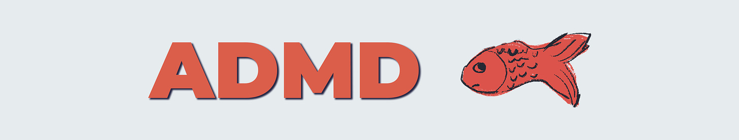 an illustration of a red fish with red letters spelling out "ADMD" on a light grey background.