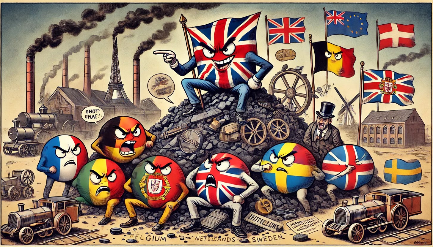 A satirical political cartoon-style illustration showing flags of European countries (France, Belgium, Portugal, Netherlands, Sweden) personified with angry or competitive expressions, gathered around the Union Jack (British flag). The British flag is depicted as smug, sitting atop a pile of coal, machinery, and gold symbolizing industrial wealth, while the other flags point, argue, or display tools of espionage and rivalry. The background includes subtle references to 19th-century Europe with elements like factories, railroads, and landmarks such as the Eiffel Tower and windmills. The style is colorful and humorous.