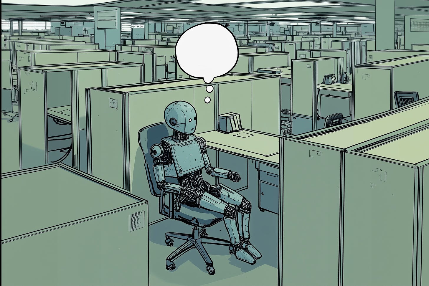 A humanoid robot sits alone in a sea of office cubicles with an empty thought bubble above its head.