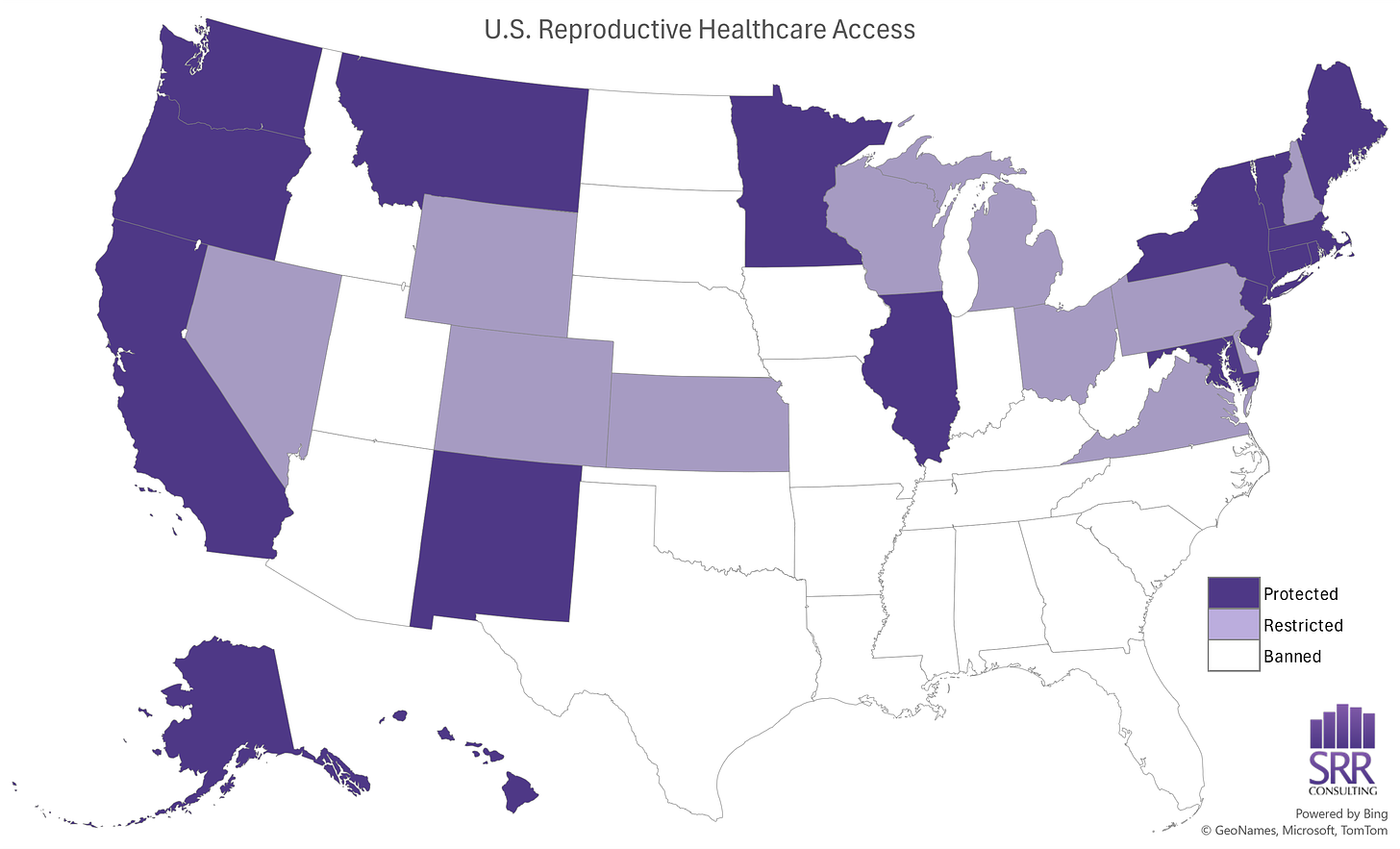 U.S. state map shaded by access to reproductive healthcare