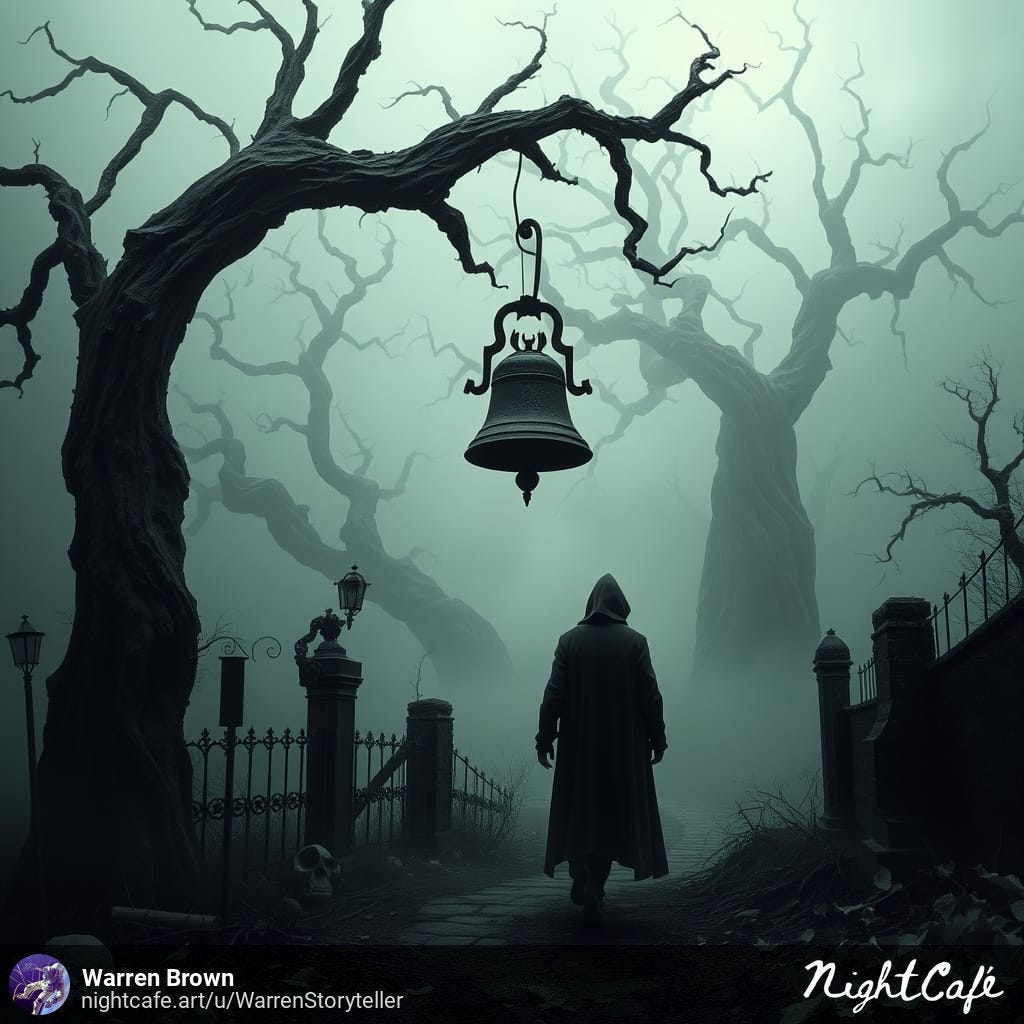 The bell hanging from a tree and a shadowy figure walks below.