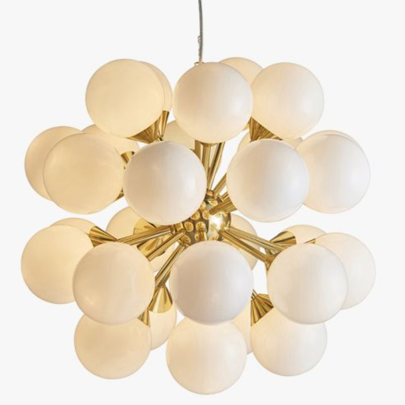 cluster of white glass balls gathered as a statement lighting