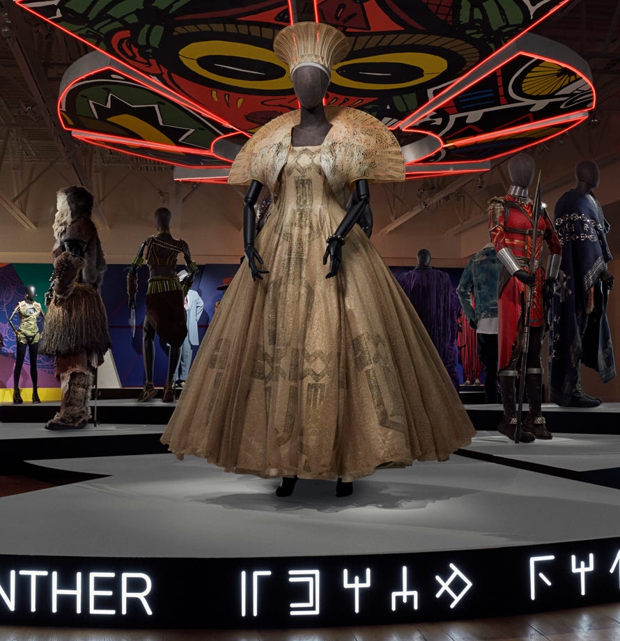 Costume from Black Panther, featured in the exhibit.