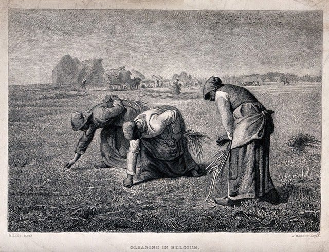 Three women are picking up the small pieces of corn left in the fields after harvesting. Etching by A. Masson after J.F. Millet.
