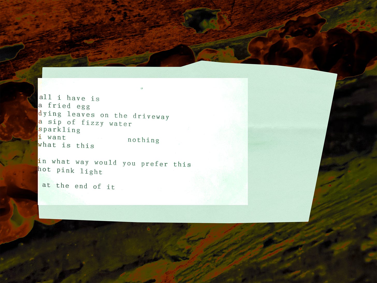 A typed poem with the words 'all I have is a fried egg dying leaves on the driveway a sip of fizzy water sparkling I want nothing what is this in what way would you prefer this hot pink light at the end of it.' The poem is on a white sheet of paper set against an abstract background with green and brown tones.