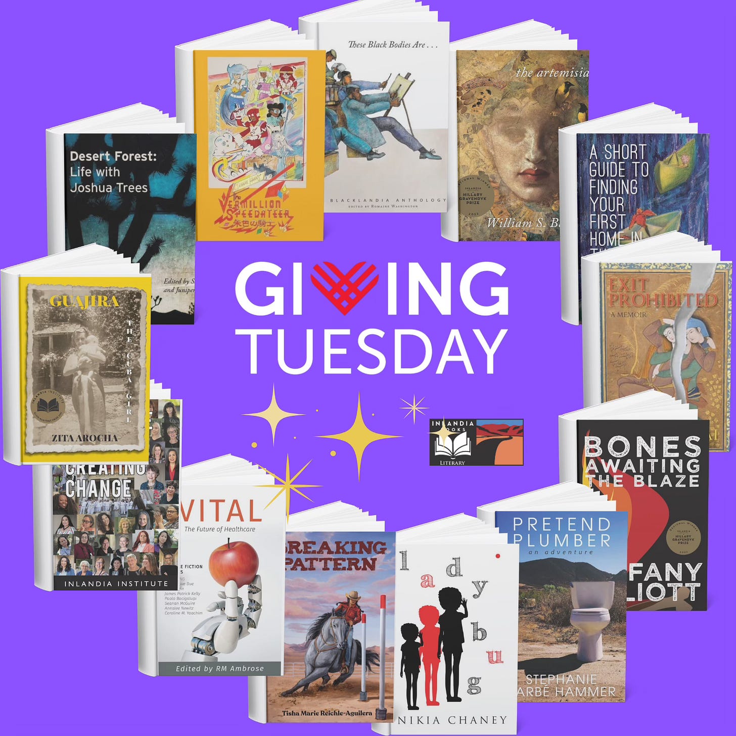 Covers of 13 Inlandia Books circling the words "Giving Tuesday."