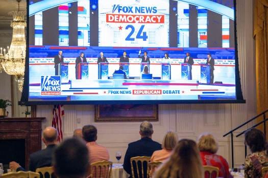 Republicans and others watch the broadcast at the official watch party of the Republican presidential candidates debate at The Richard Nixon Library & Museum in Yorba Linda on Wednesday, August 23, 2023. (Photo by Leonard Ortiz, Orange County Register/SCNG)
