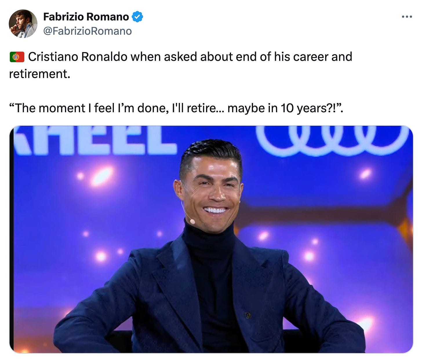 A tweet by Fabrizio Romano about when Cristiano Ronaldo might retire