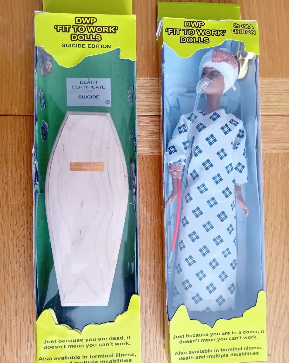 Two dolls in plastic packaging, like something you would buy at a toy store. One is a coffin, labeled “Suicide Edition.” Text reads “Just because you are dead, it doesn’t mean you can’t work.” The other doll is a Barbie-like figure in a hospital gown connected to oxygen and an IV with a bloody gauze wrap on their head, labeled “Coma Edition".”