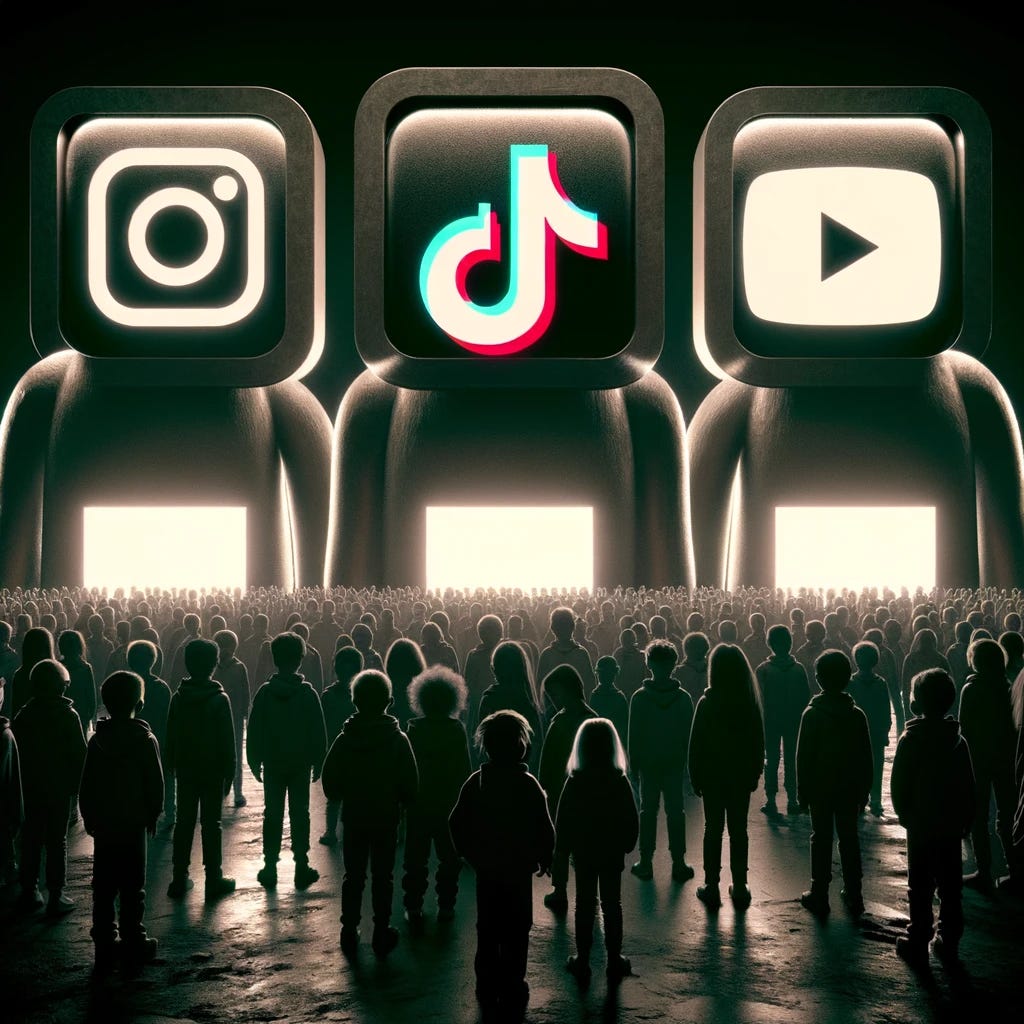 Instagram, TikTok, and YouTube logos looming over a crowd of children.