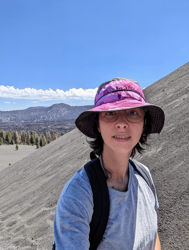 Selfie of Rey wearing a pink hat and gray t shirt, looking slightly out of breath and smiling, half way up the steep path