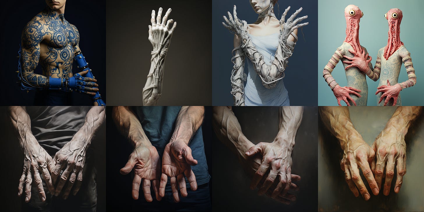 Four images of hands, four images of arms. The hands are all thickly veined but realistic. The arms are extremely unrealistic and not totally normal but have elbows in the right places.