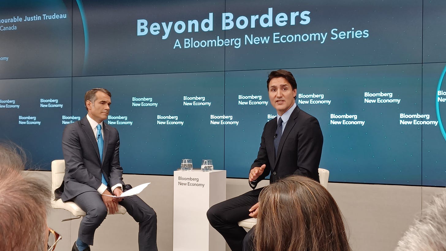 Canadian Prime Minister Justin Trudeau speaking in Bloomberg's Singapore office