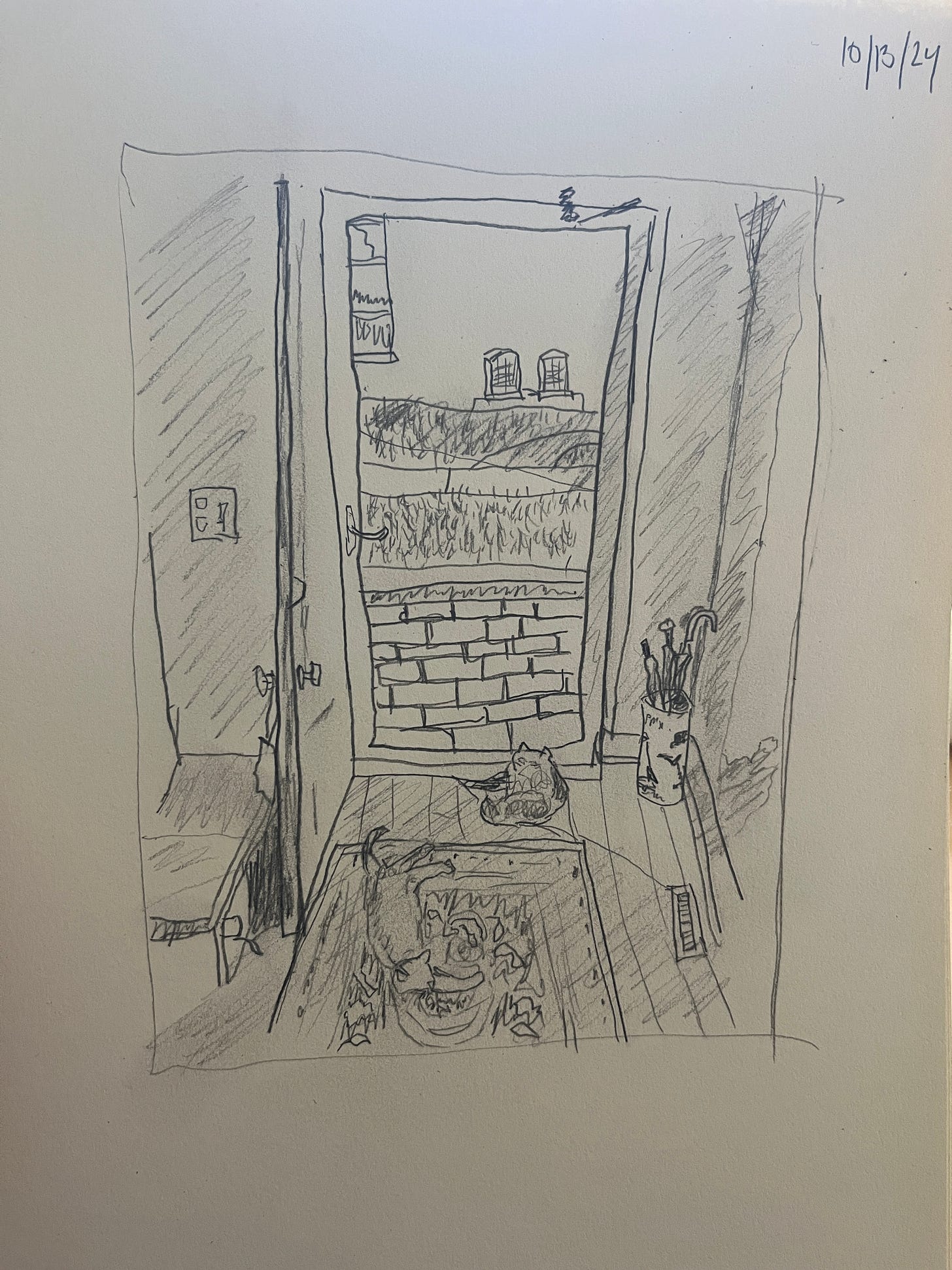 Okay pencil sketch of two cats sitting in an open doorway, with an umbrella stand off to the side