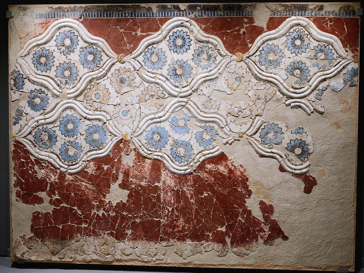 Minoan fresco from Akrotiri with blue and lavender rosettes within 3D wavy borders, surrounded by dark red wall