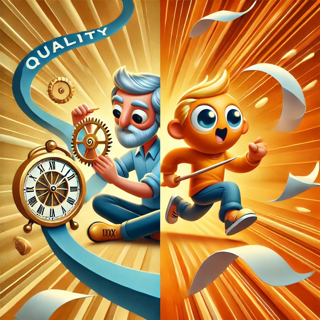 A conceptual, playful illustration inspired by Pixar's animation style, representing the balance between quality and speed. On one side, an expressive, friendly character is carefully crafting an intricate clock, symbolizing quality, with bright, polished details and a calm, focused expression. On the other side, a cheerful, energetic character is dashing forward with papers flying behind them, symbolizing speed, surrounded by warm, dynamic motion lines. The two characters are connected by a winding path that splits into these two approaches. The color palette is vibrant, with warm oranges for speed and cool blues for quality, and the overall tone is optimistic, animated, and engaging.