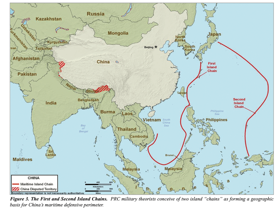 Graphic map of China and surrounding waters of Indian Ocean and Pacific Ocean with annotations showing the first and second island chains.