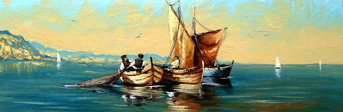 Fisherman in wooden sail boats in a sea landscape oil painting