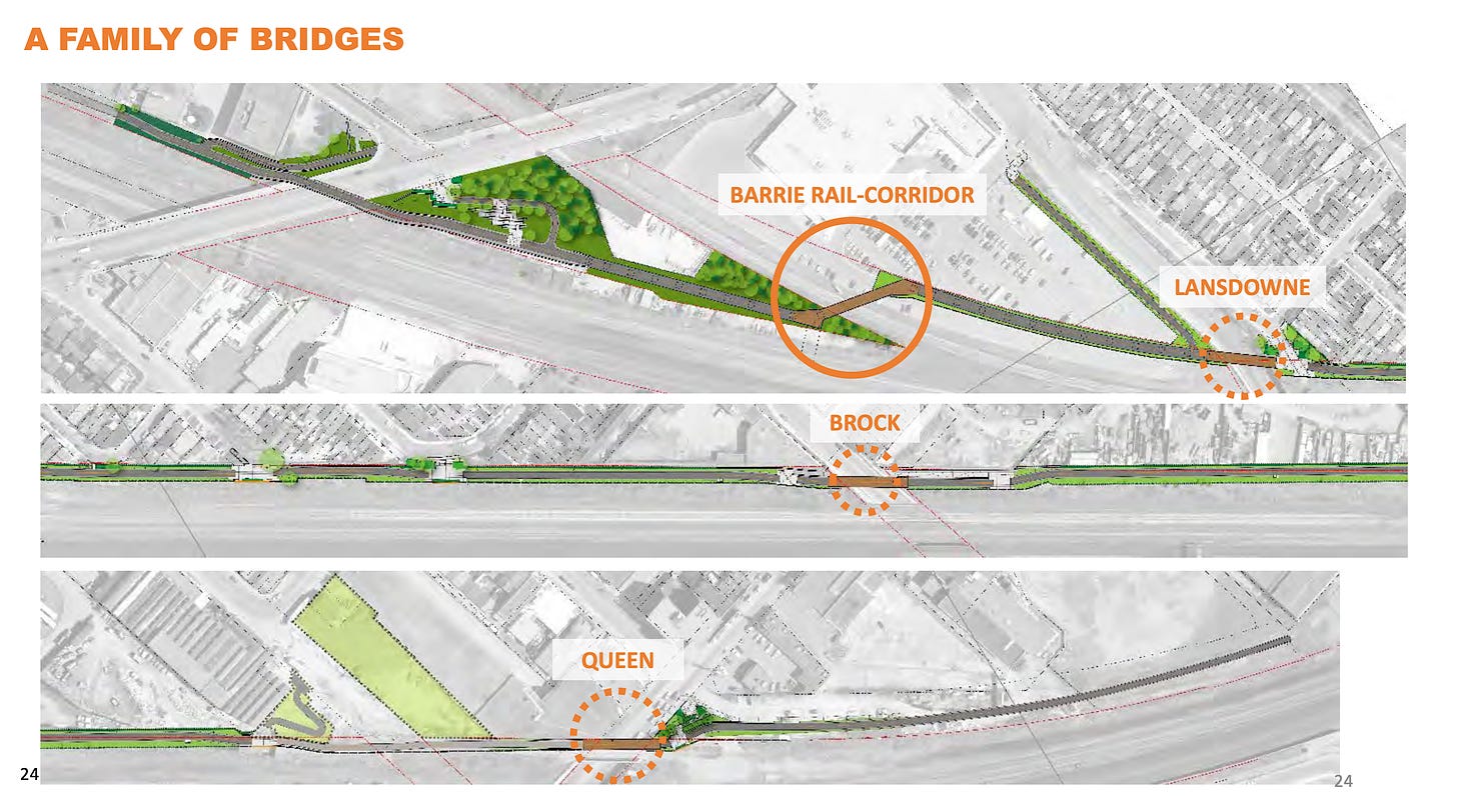 Image from city presentation showing location of four rail bridges on West Toronto Rail Path extension