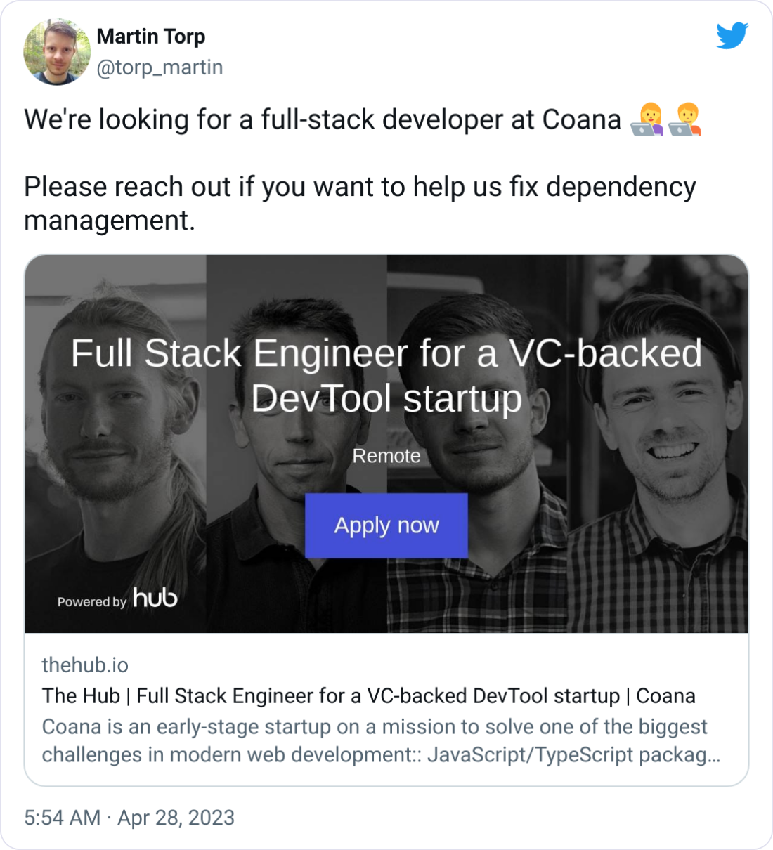 Martin Torp @torp_martin We're looking for a full-stack developer at Coana 👩‍💻🧑‍💻  Please reach out if you want to help us fix dependency management.
