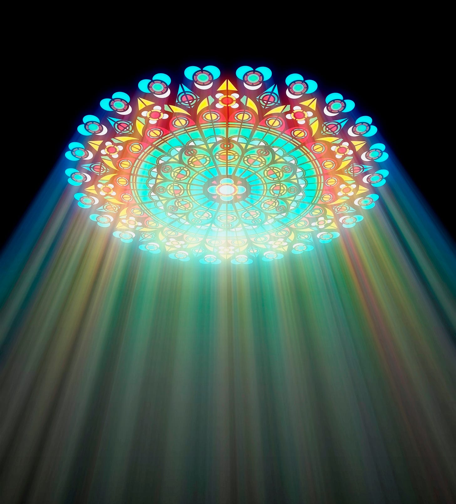 Colored streams of light shining through a stained-glass ceiling