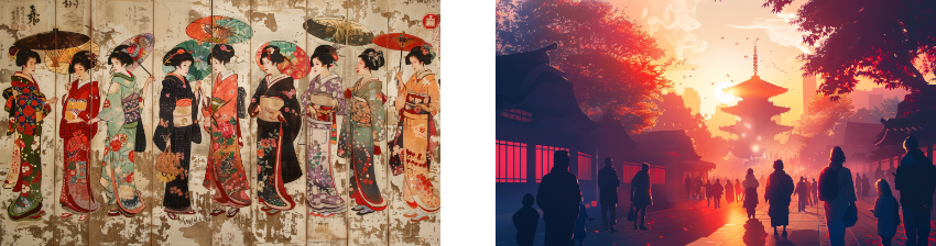 This image presents a juxtaposition of traditional and modern Japan, with one side depicting a row of elegantly dressed geisha in kimonos and the other showcasing a vibrant, bustling street scene at sunset, evoking a blend of historical and contemporary Japanese life.