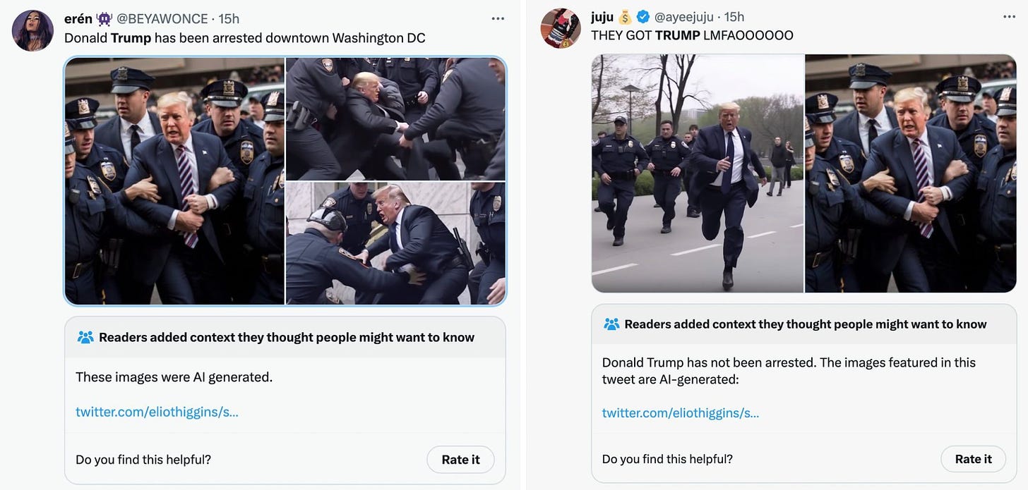 Two screenshots of tweets containing (AI-generated) pictures purporting to depict the arrest of President Trump. Under the tweets is a caption that says “These images were AI generated.