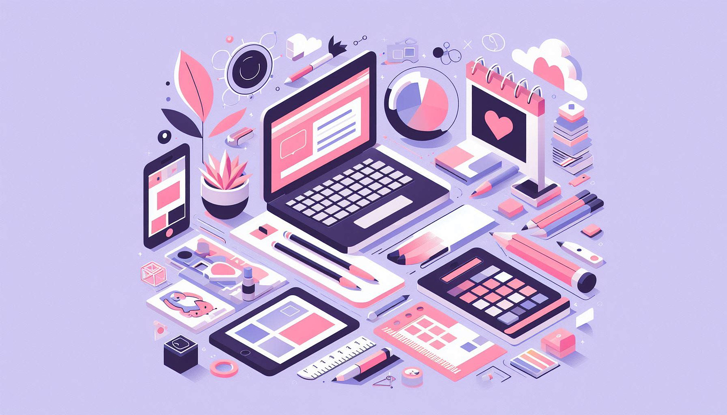 a flat graphic with illustrations of design stationaries and a laptop
