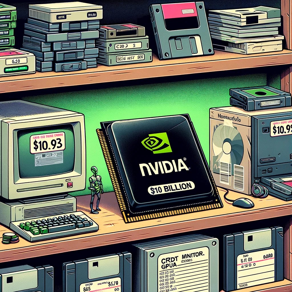 Create an image of the new Nvidia B200 chip sitting on a shelf in a computer game and technology store. The shelf also contains old gaming tech like floppy disks, a CRT monitor, and old GPUs. There is a price sticker on the B200 chip that reads "Nvidia $10 billion".