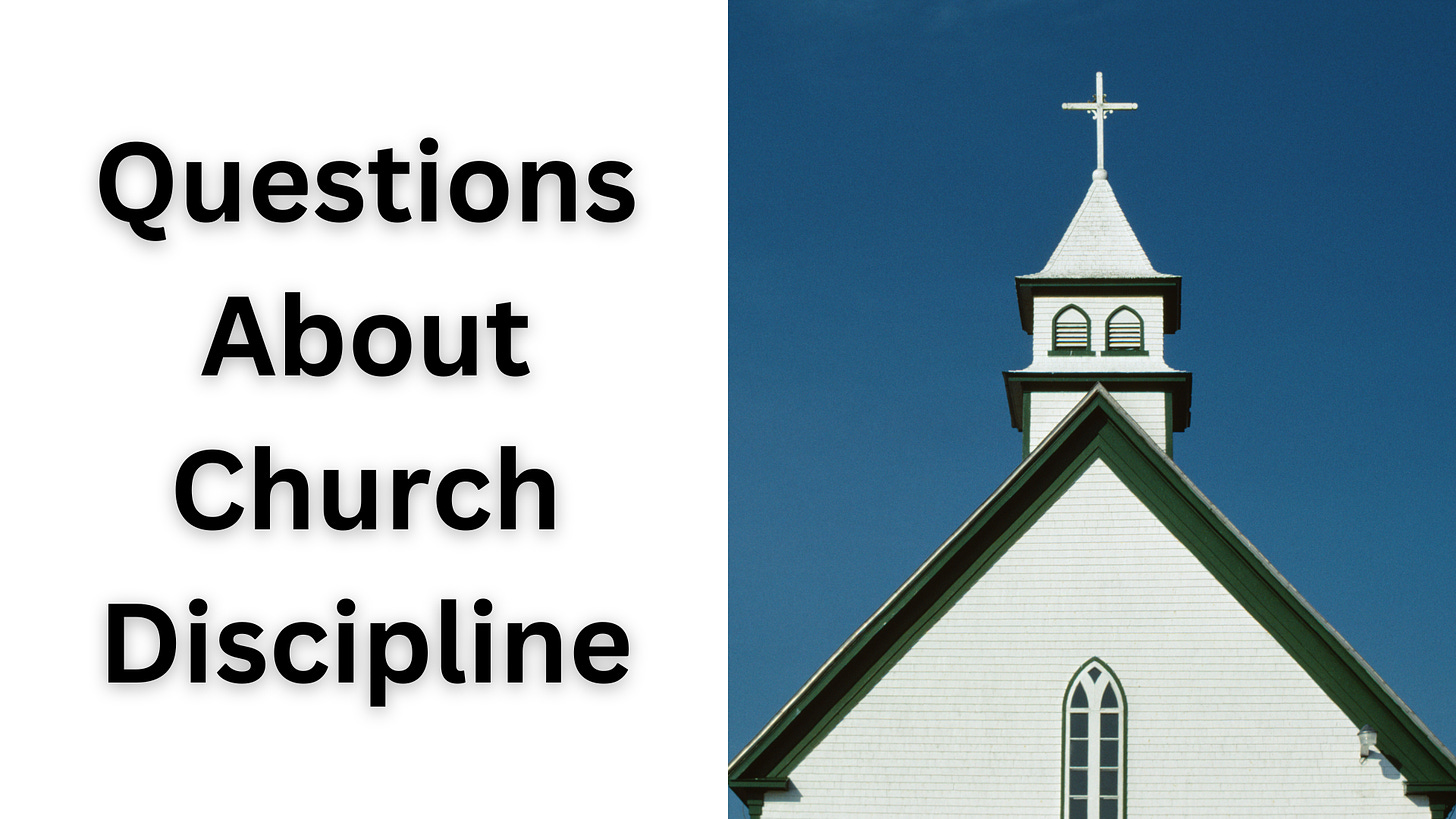 The words "Questions About Church Discipline" next to a white church building.