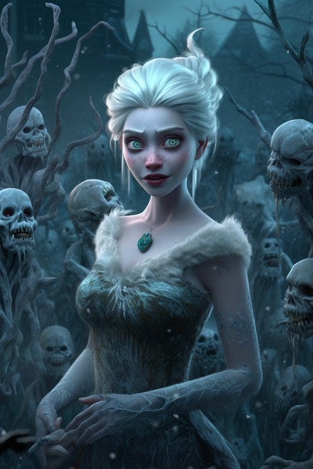 Zombie Elsa conjuring a terrifying, undead army of snowmen and ice creatures with red eyes and striking platinum-blonde hair, in a frozen, nightmarish version of Arendelle, where eternal winter reigns supreme, hyperrealistic, 8k Ultra HD --v 5 --q 2 --s 1000 --ar 2:3