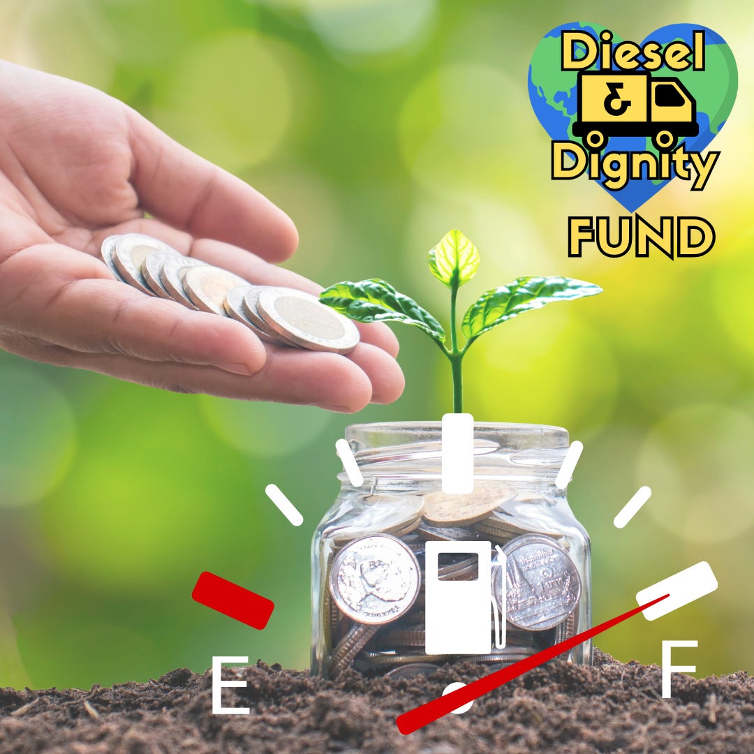 photo of a jar of coins being planted in the ground with a green shoot coming out, and a car's fuel gauge on full, plus the Diesel & Dignity logo