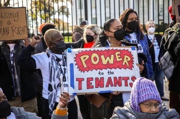 Picture of a protest for tenants rights, featuring Tennessee tenant leader Judy Schwartz-Naber. 