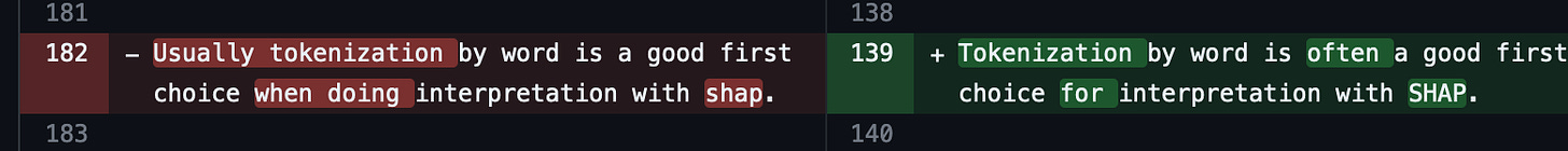 “Usually tokenization by word is a good first choice when doing interpretation with shap.” was turned into “Tokenization by word is often a good first choice for interpretation with SHAP”