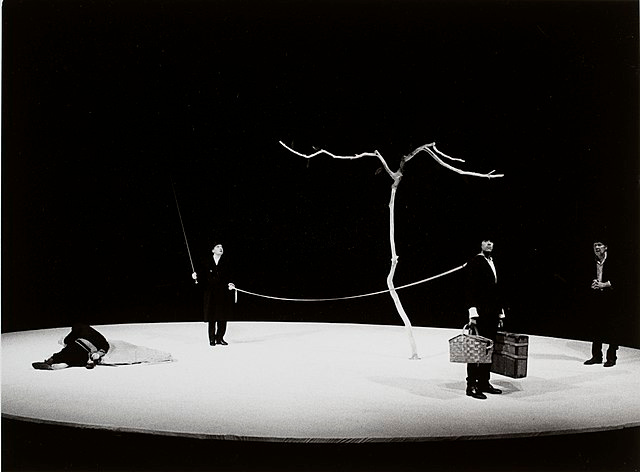 Photograph of actors in Otomar Krejca's 1978 staging of Waiting for Godot, via Wikimedia Commons