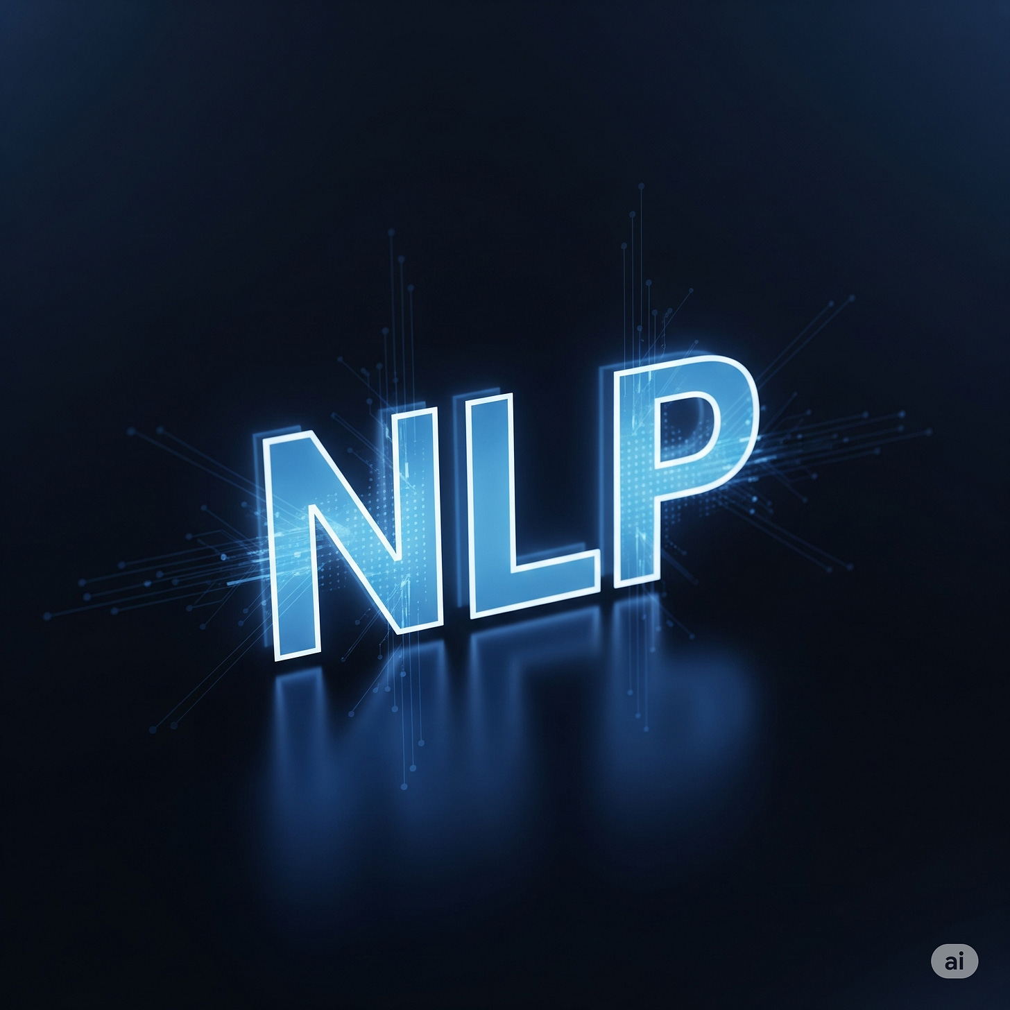 Glowing blue NLP text on a dark digital background with network connections and data visualization