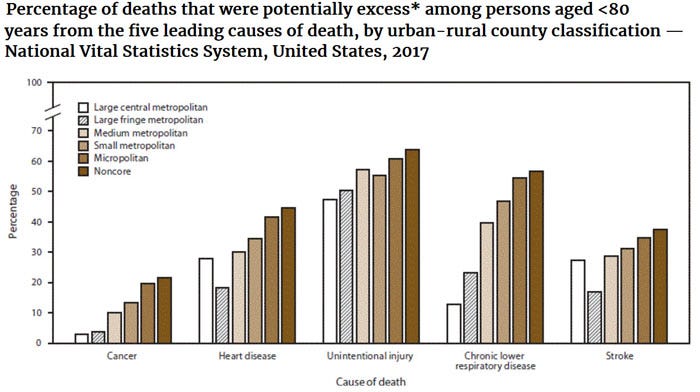 Percentage of potentially excess deaths among persons aged <80 for noncore (rural) and large central metropolitan
        areas