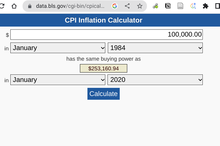 bls calculator screenshot -- the output is 253,160.94