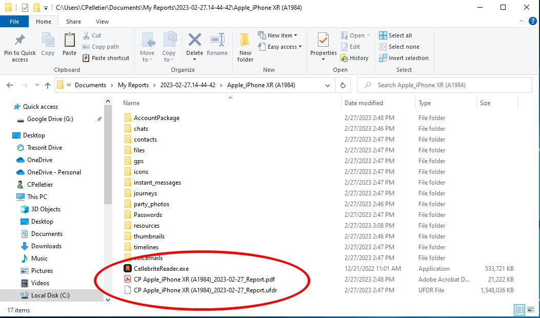 A screenshot of the folders of a Cellebrite phone extraction report with the report files to open circled in red.