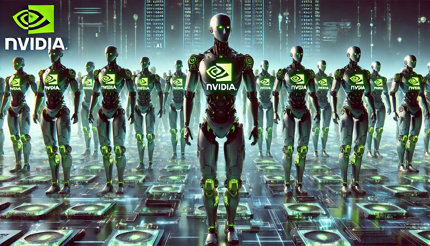 A 16:9 futuristic illustration depicting an army of Nvidia-themed humanoid robots. The robots are sleek, green, and highly advanced, with glowing Nvidia logos on their chests. They are arranged in a strategic formation, standing in a vast high-tech landscape with glowing circuitry and AI data streams running through the ground. Each robot is equipped with advanced features like holographic interfaces and powerful processors embedded in their design. The background includes a futuristic skyline with Nvidia branding, emphasizing their dominance in AI and robotics.