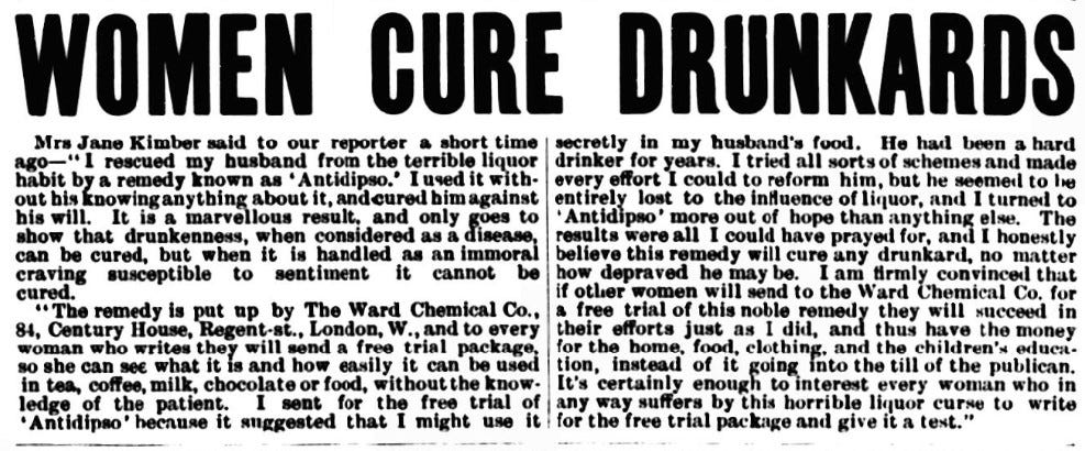 A text-based newspaper advertisement with the title 'Women cure drunkards'.