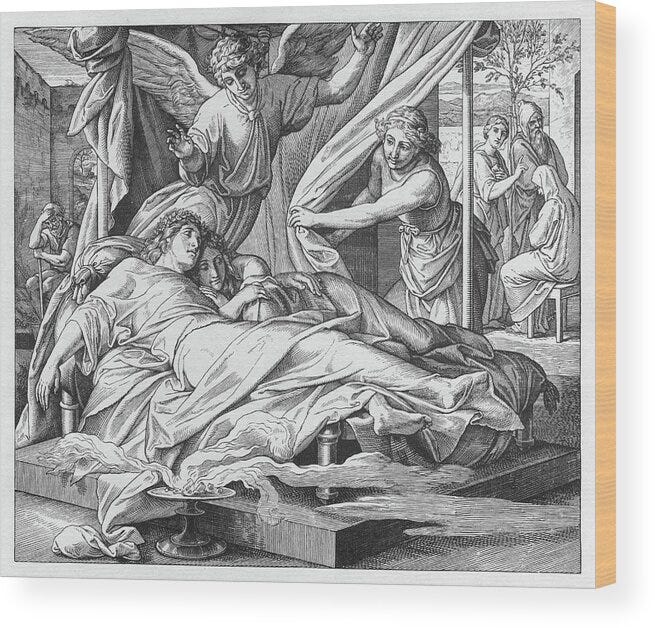 Carolsfeld Wood Print featuring the painting Tobias and Sarah are found safe, Book of Tobit by New Digital Museum