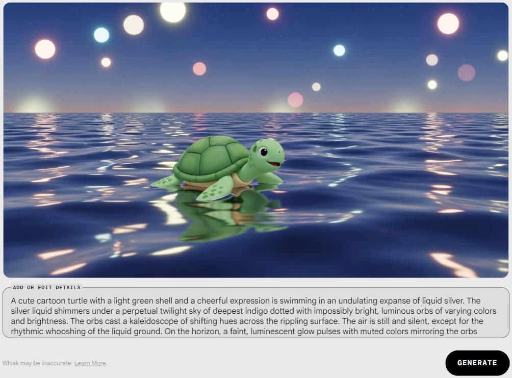 Green turtle swimming in a blue ocean in Google Whisk, with a prompt at the bottom